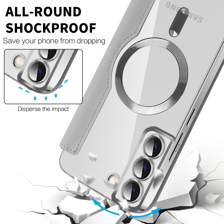 For Samsung Galaxy S22+ 5G MagSafe Magnetic RFID Anti-theft Leather Case in black, showcasing its sleek design and RFID protection features.